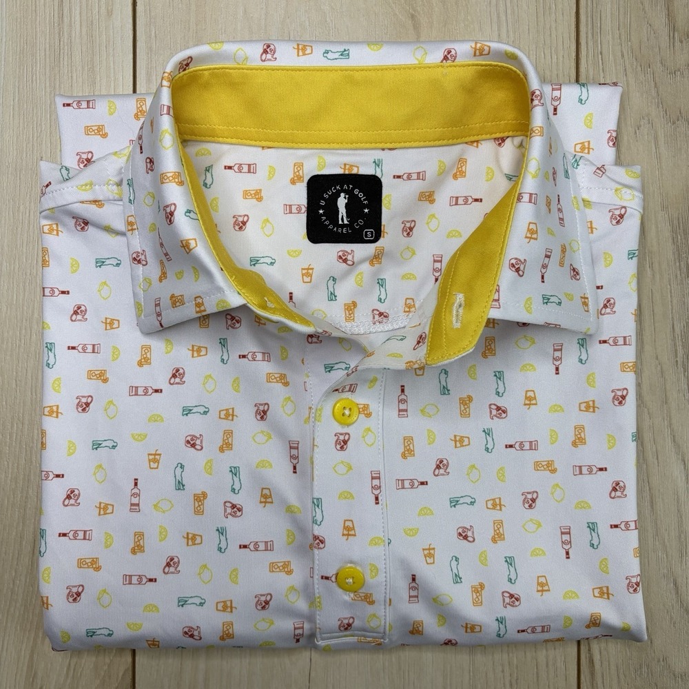 U Suck At Golf Polo Shirt Mens Small Drink/Lemon Pattern Performance USAG White